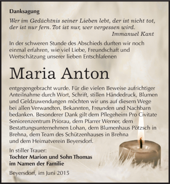 Traueranzeige von Maria Anton von Mitteldeutsche Zeitung Bitterfeld