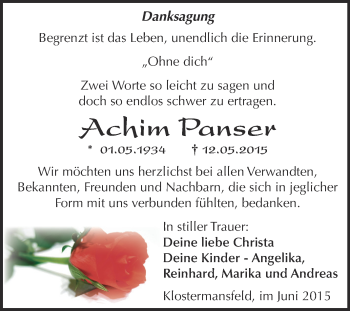 Traueranzeige von Achim Panser von Wochenspiegel Mansfelder Land