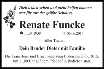 Traueranzeige von Renate Funcke von WVG - Wochenspiegel Dessau / Köthen