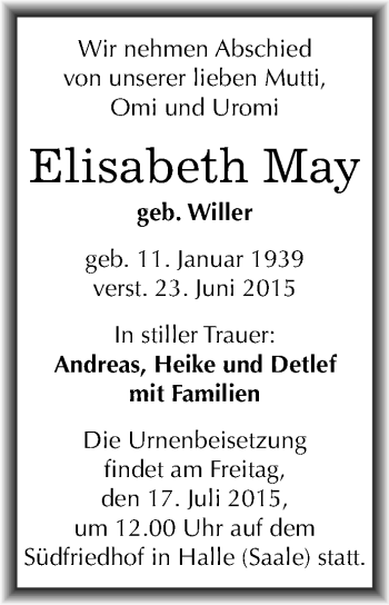 Traueranzeige von Elisabeth May von Mitteldeutsche Zeitung Halle/Saalkreis