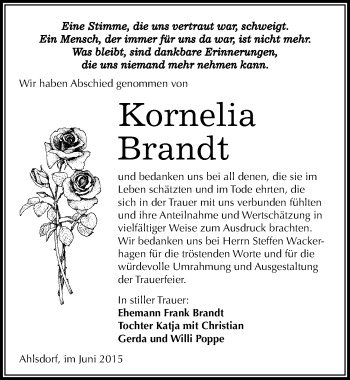 Traueranzeige von Kornelia Brandt von Mitteldeutsche Zeitung Mansfelder Land