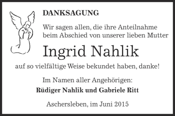 Traueranzeige von Ingrid Nahlik von Super Sonntag Aschersleben