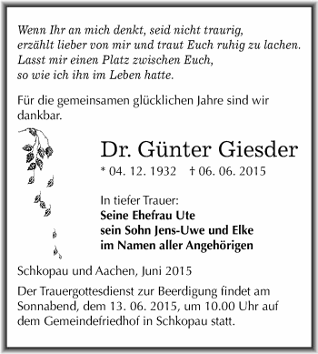 Traueranzeige von Günter Giesder von WVG - Wochenspiegel Merseburg