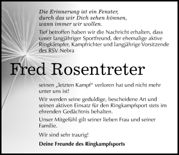 Traueranzeige von Fred Rosentreter von Mitteldeutsche Zeitung Naumburg/Nebra