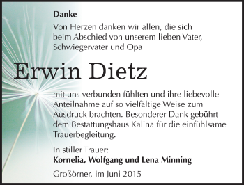 Traueranzeige von Erwin Dietz von Mitteldeutsche Zeitung Mansfelder Land