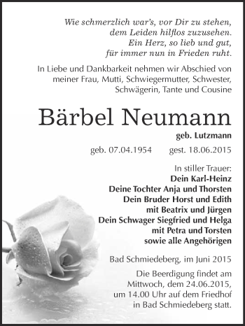 Traueranzeige von Bärbel Neumann von WVG - Wochenspiegel Wittenberg