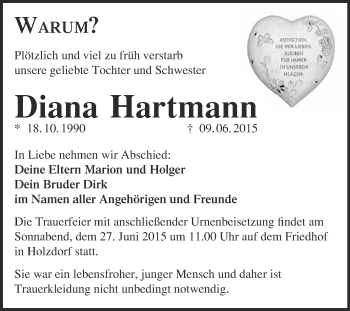 Traueranzeige von Diana Hartmann von WVG - Wochenspiegel Wittenberg