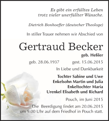 Traueranzeige von Gertraud Becker von WVG - Wochenspiegel Bitterfeld