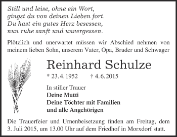 Traueranzeige von Reinhard Schulze von WVG - Wochenspiegel Wittenberg