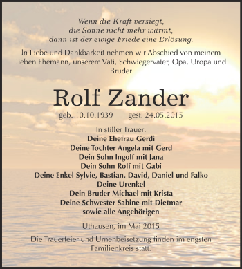Traueranzeige von Rolf Zander von WVG - Wochenspiegel Wittenberg
