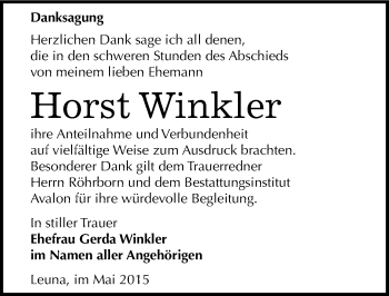 Traueranzeige von Horst Winkler von Mitteldeutsche Zeitung Merseburg/Querfurt