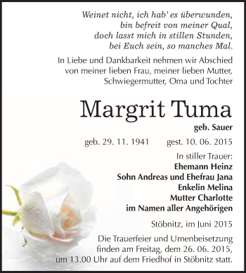 Traueranzeige von Margrit Tuma von WVG - Wochenspiegel Merseburg