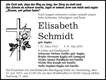 Traueranzeige von Elisabeth Schmidt von Mitteldeutsche Zeitung Merseburg/Querfurt