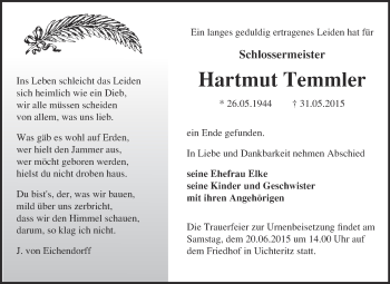 Traueranzeige von Hartmut Temmler von WVG - Wochenspiegel NMB / WSF / ZTZ