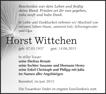 Traueranzeige von Horst Wittchen von Super Sonntag SGH Mansf. Land