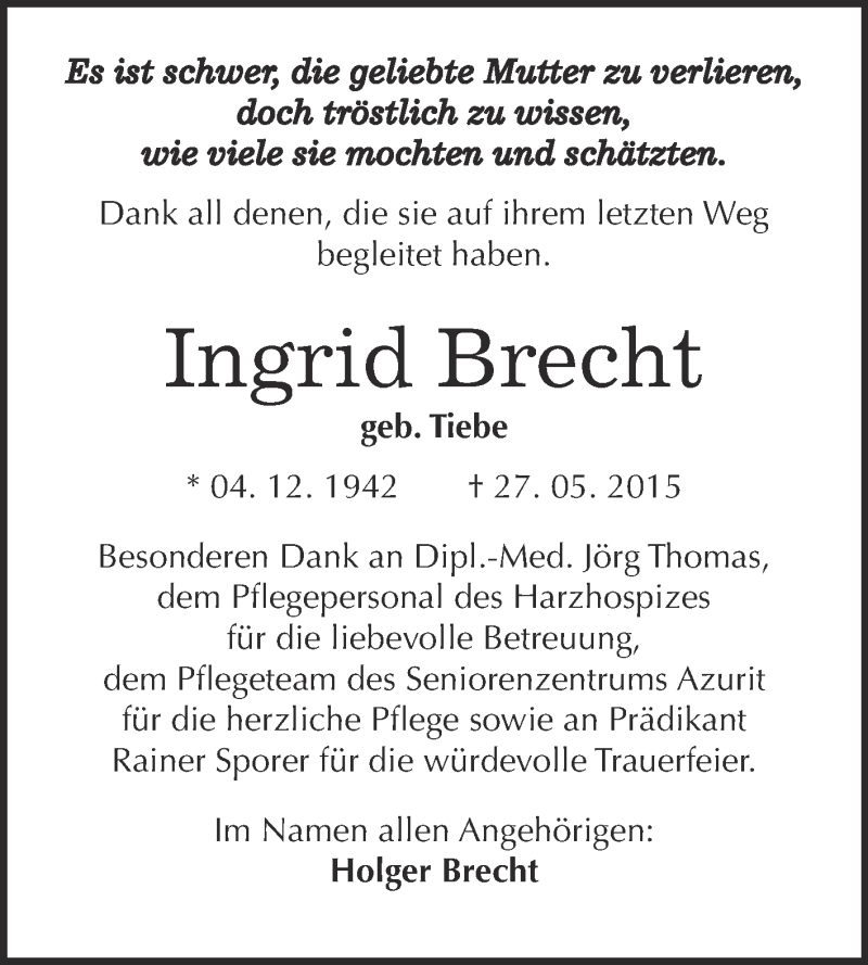  Traueranzeige für Ingrid Brecht vom 24.06.2015 aus WVG - Wochenspiegel Quedlinburg