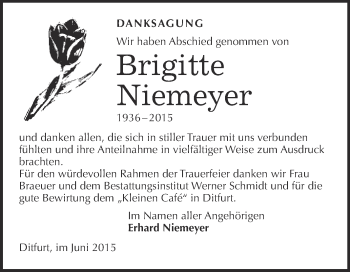 Traueranzeige von Brigitte Niemeyer von WVG - Wochenspiegel Quedlinburg