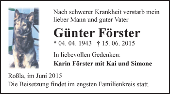 Traueranzeige von Günter Förster von Super Sonntag SGH Mansf. Land