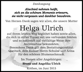 Traueranzeige von Helga Ulrich von Mitteldeutsche Zeitung Köthen