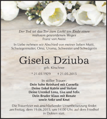 Traueranzeige von Gisela Dziuba von Super Sonntag Wittenberg