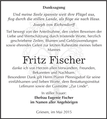 Traueranzeige von Fritz Fischer von WVG - Wochenspiegel Wittenberg