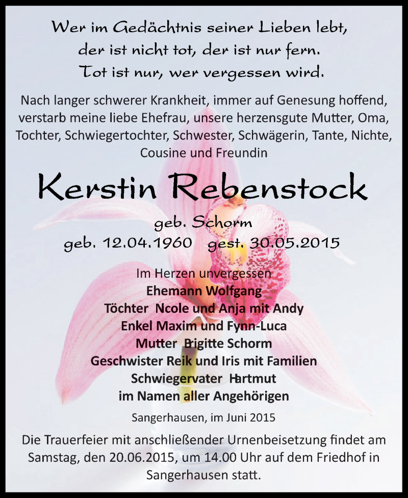  Traueranzeige für Kerstin Rebenstock vom 14.06.2015 aus Super Sonntag SGH Mansf. Land