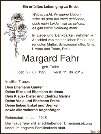 Traueranzeige von Margard Fahr von Super Sonntag Zeitz