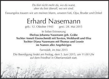 Traueranzeige von Erhard Nasemann von WVG - Wochenspiegel Merseburg