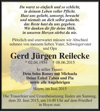 Traueranzeige von Gerd Jürgen Reilecke von Super Sonntag Aschersleben