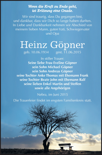 Traueranzeige von Heinz Göpner von Mitteldeutsche Zeitung Naumburg/Nebra
