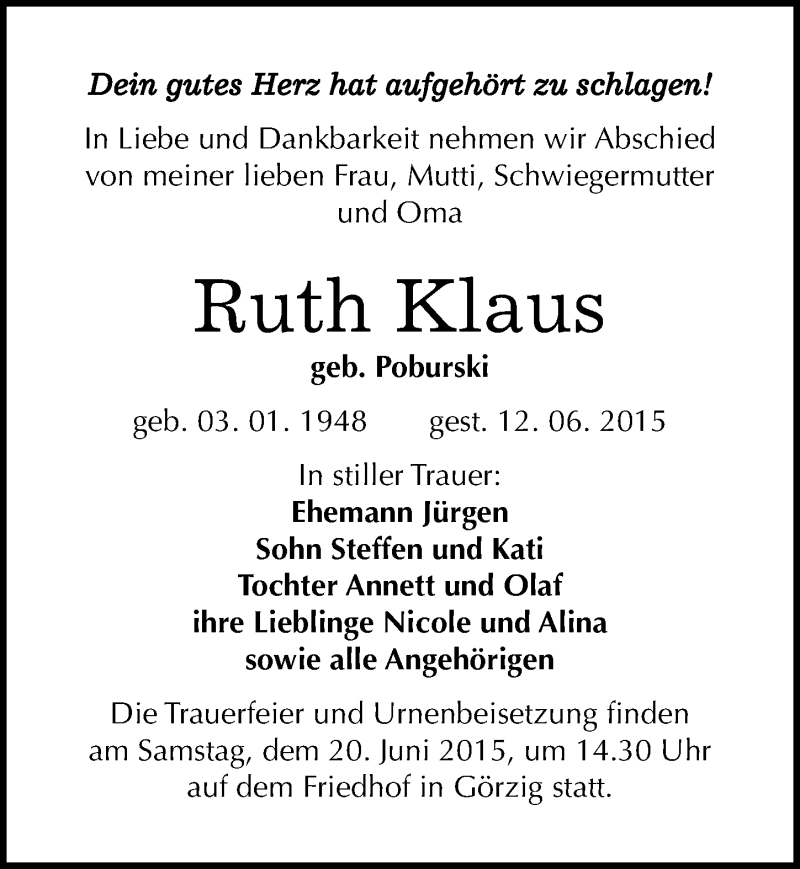  Traueranzeige für Ruth Klaus vom 16.06.2015 aus Mitteldeutsche Zeitung Köthen