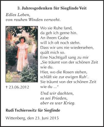 Traueranzeige von Sieglinde Veit von Super Sonntag Wittenberg