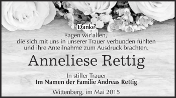 Traueranzeige von Anneliese Rettig von Super Sonntag Wittenberg