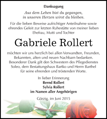 Traueranzeige von Gabriele Rollert von WVG - Wochenspiegel Dessau / Köthen
