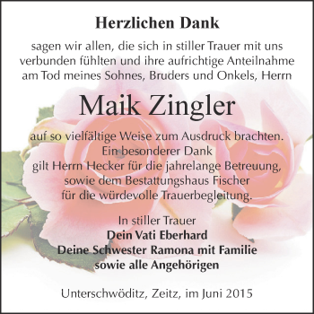 Traueranzeige von Maik Zingler von Super Sonntag Zeitz