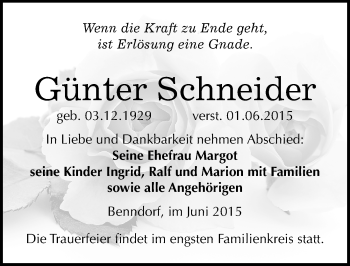 Traueranzeige von Günter Schneider von Mitteldeutsche Zeitung Mansfelder Land