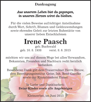 Traueranzeige von Irene Paasch von WVG - Wochenspiegel Dessau / Köthen