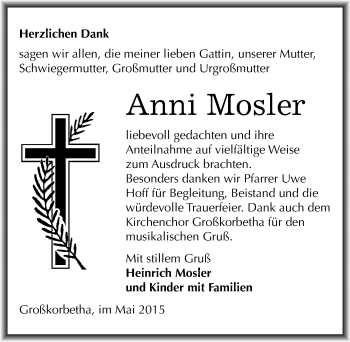 Traueranzeige von Anni Mosler von Mitteldeutsche Zeitung Weißenfels