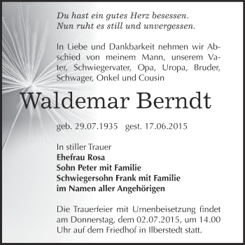 Traueranzeige von Waldemar Berndt von Super Sonntag Bernburg
