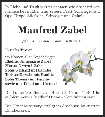 Traueranzeige von Manfred Zabel von WVG - Wochenspiegel Dessau / Köthen