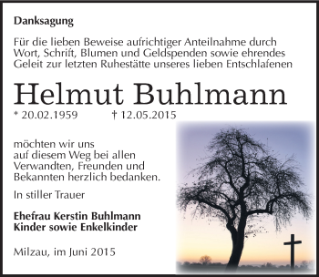 Traueranzeige von Helmut Buhlmann von Mitteldeutsche Zeitung Merseburg/Querfurt