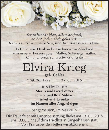 Traueranzeige von Elvira Krieg von Mitteldeutsche Zeitung Sangerhausen