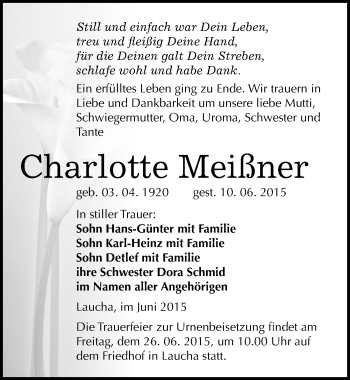 Traueranzeige von Charlotte Meißner von Mitteldeutsche Zeitung Naumburg/Nebra