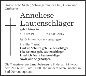 Traueranzeige von Anneliese Lautenschläger von Super Sonntag Merseburg