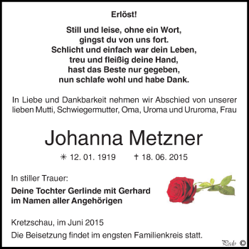 Traueranzeige von Johanna Metzner von Super Sonntag Zeitz