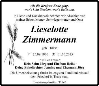 Traueranzeige von Lieselotte Zimmermann von Mitteldeutsche Zeitung Quedlinburg