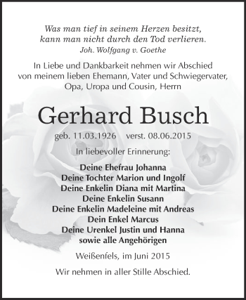 Traueranzeige von Gerhard Busch von WVG - Wochenspiegel NMB / WSF / ZTZ