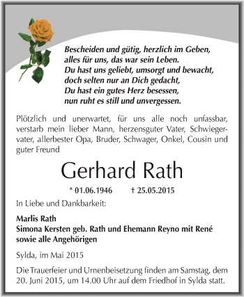 Traueranzeige von Gerhard Rath von Wochenspiegel Mansfelder Land