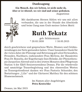 Traueranzeige von Ruth Tekatz von WVG - Wochenspiegel Dessau / Köthen
