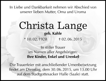 Traueranzeige von Christa Lange von Mitteldeutsche Zeitung Halle/Saalkreis